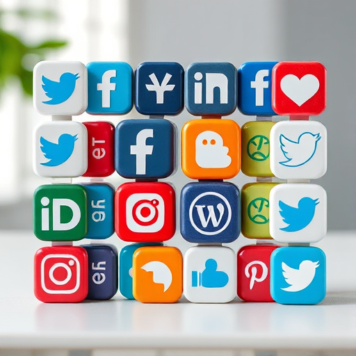 Create a high-resolution image of colorful social media icons arranged in a 4x4 grid, using a DSLR camera, 50mm lens, f/1.8 aperture, ISO 100, with soft natural lighting and a slight bokeh effect in the background.