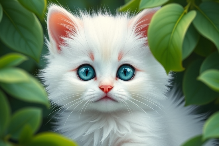 Create a whimsical illustration of a fluffy white kitten with big turquoise eyes surrounded by lush green leaves, soft focus, DSLR camera, 50mm lens, f/1.8 aperture, natural lighting, high-resolution.