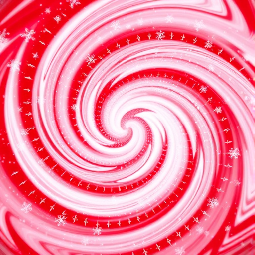 Generate an image of a swirling pattern of red and white with snowflakes, using a DSLR camera with a 50mm lens, f/1.8 aperture, ISO 100, and a shallow depth of field to enhance color vibrancy and detail.