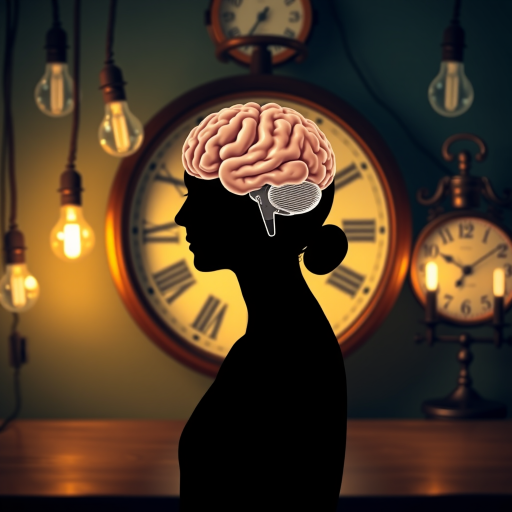 Create an artistic illustration featuring a silhouette of a woman thinking with a brain image inside her head, surrounded by light bulbs and a vintage clock in the background, use a Canon EOS 5D Mark IV with a 50mm f/1.8 lens, shoot in natural light for enhanced clarity, and apply a soft-focus effect to create depth.