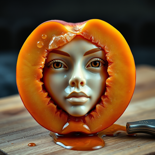 A hyperdetailed photorealistic macro color saturated high resolution image of a peach cut in half, with the peach pit being a highly detailed sculpted woman's face with her eyes open and peach-colored irises. The face has a marble texture. The image includes condensation, moisture, and peach juice. The peach is on a wooden cutting board with a small fruit knife nearby, also covered with juice.