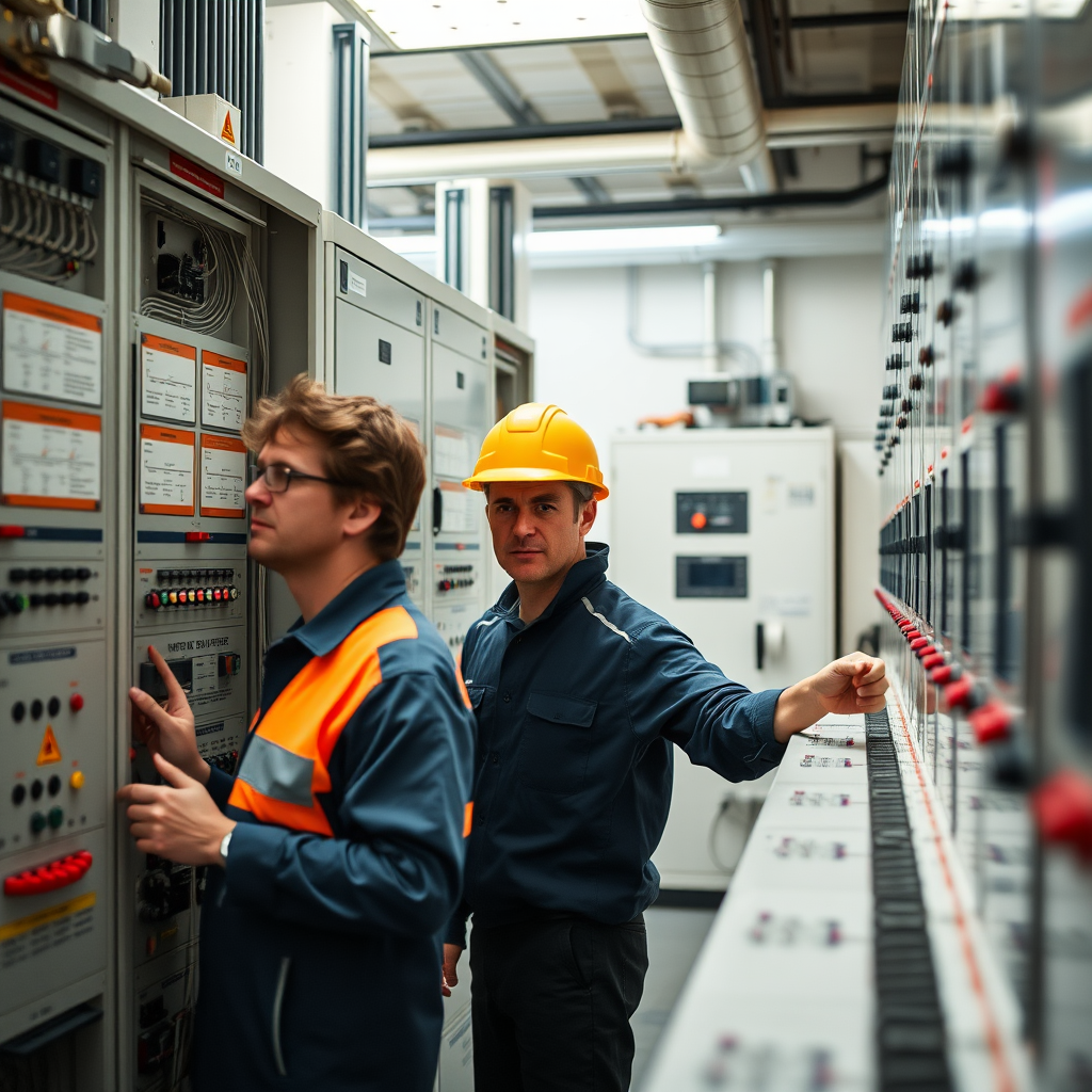 Two technicians working on electrical panels in a control room, high detail, 50mm lens, f/1.8 aperture, ISO 200, soft natural lighting, shallow depth of field, DSLR camera at eye level.