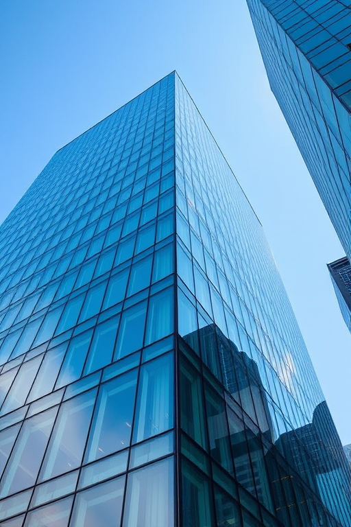 modern glass building architecture, clear blue sky, sharp focus, 24mm lens, f/8 aperture, ISO 100, natural light, HDR style, wide-angle view, digital mirrorless camera, high resolution