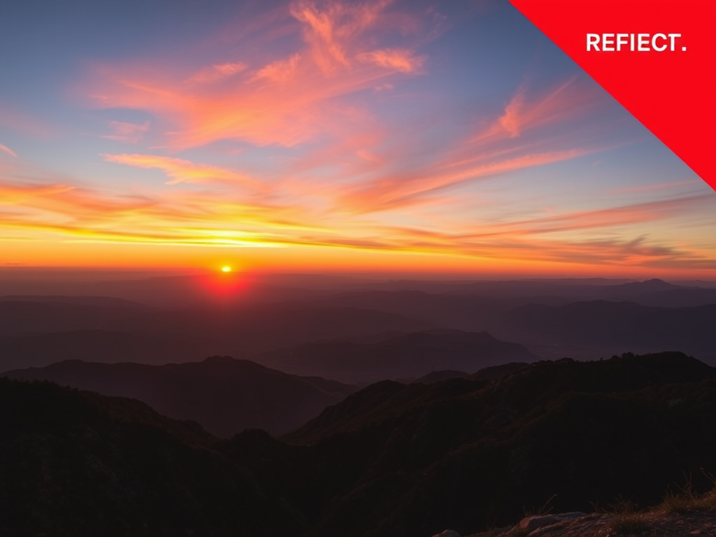Regenerate the image of a sunset over a mountain range, in vibrant colors, with a wide-angle view using a DSLR camera at ISO 100, f/8 aperture, 1/200 sec shutter speed, and natural lighting for enhanced image quality.