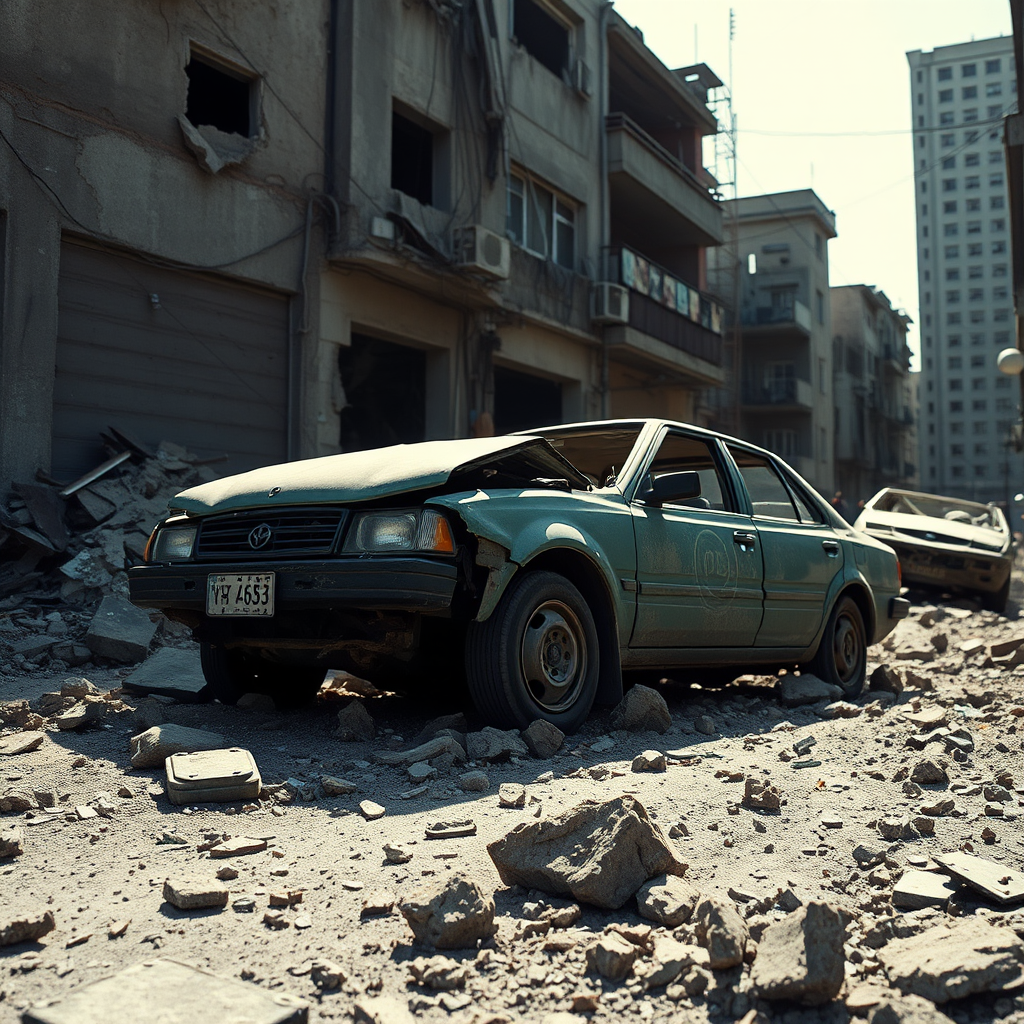 Create a high-resolution image of a devastated urban scene featuring a damaged car surrounded by debris and crumbled walls, shot with a DSLR camera at 35mm focal length, f/8 aperture, ISO 100, in natural light from a low angle to emphasize the destruction and add dramatic shadows.
