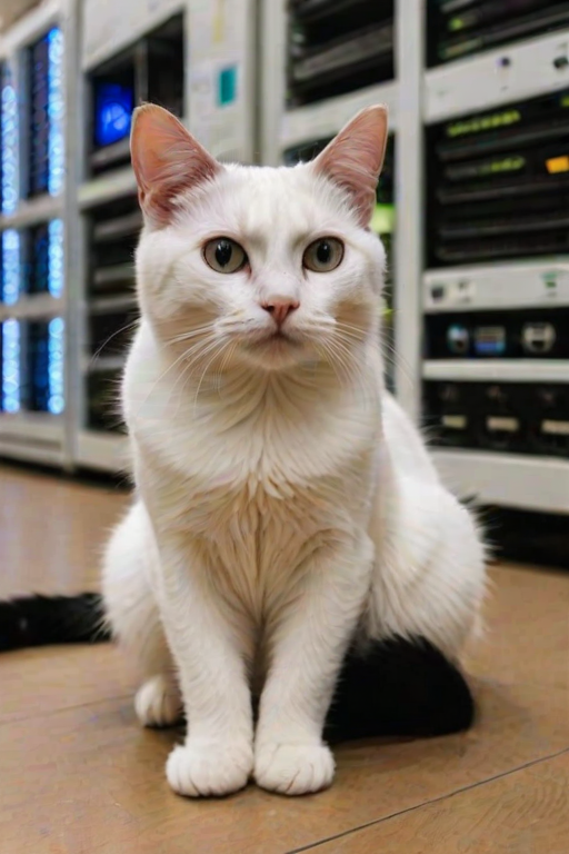 A close-up photograph of a white and black cat sitting on the floor in a room filled with computer servers. Its tail is curled beside it, and its predominantly white face displays a distinctive expression, resembling a domestic shorthair, with slightly squinted eyes that convey frustration. Surrounded by the humming sound of servers and blinking lights, the cat sits grumpily on the cold floor, clearly unimpressed by the high-tech environment around it.