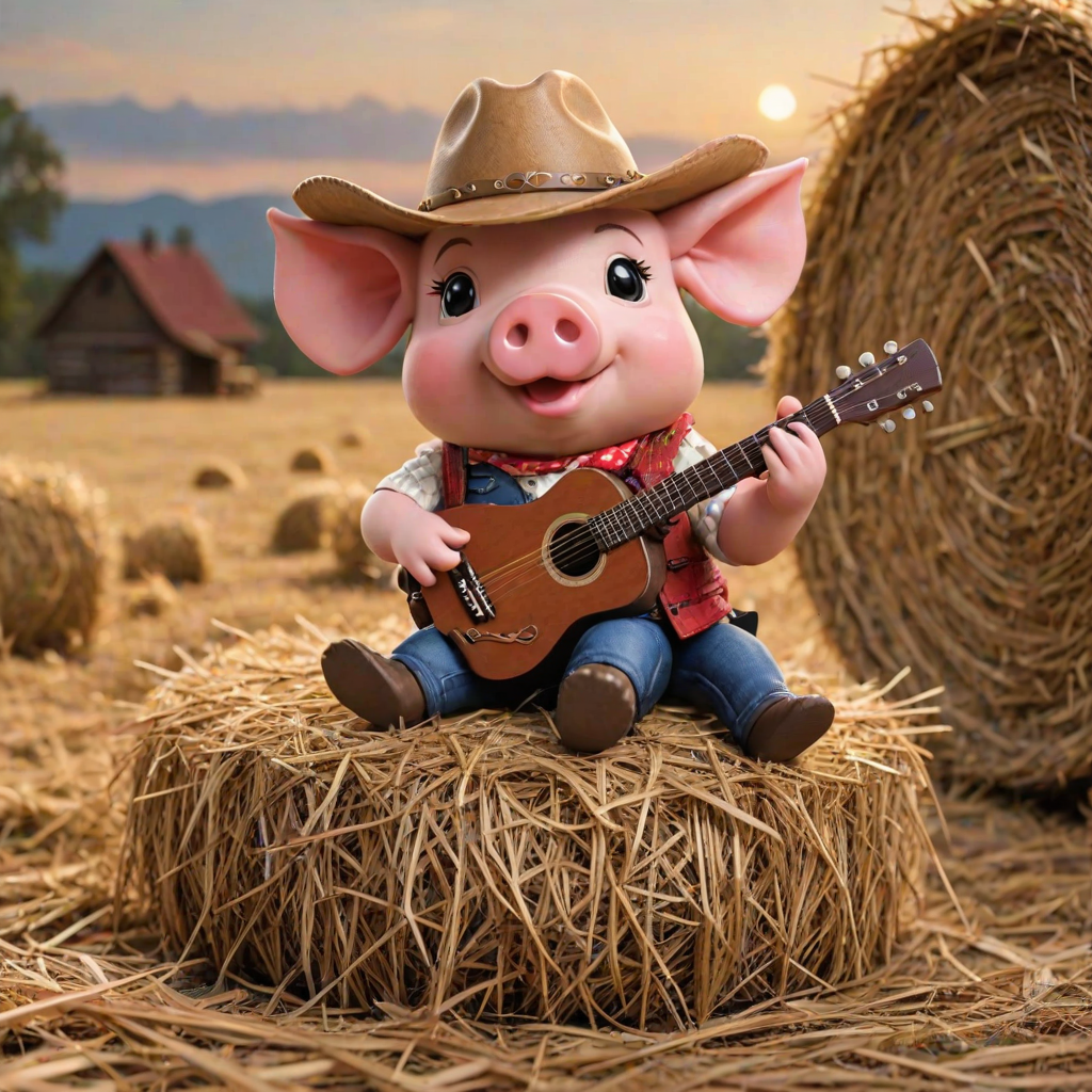A chibi pig, dressed as a cowboy, playing guitar, sitting on a hay bale