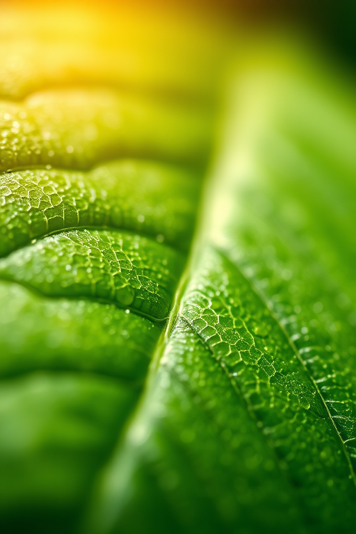 close-up of a green leaf with detailed texture, natural soft lighting, shallow depth of field, f/2.8 aperture, ISO 100, 50mm macro lens, DSLR camera, vibrant colors, focus on leaf edges