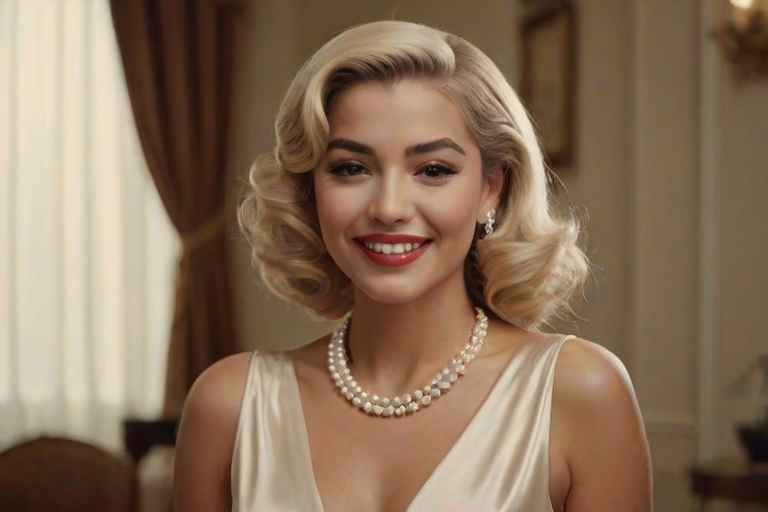 A beautiful Hispanic woman reminiscent of 1950s Hollywood glamour, with perfectly styled blonde hair and a seductive smile, dressed in a satin blouse and adorned with pearls, soft and warm tones, photorealistic, 8K