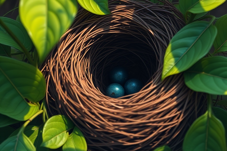 Create a highly detailed illustration of a bird's nest with a dark interior, surrounded by vibrant green leaves, captured in a macro view with a DSLR camera, f/2.8 aperture, ISO 100, 1/250s shutter speed, using natural lighting to enhance color and texture.