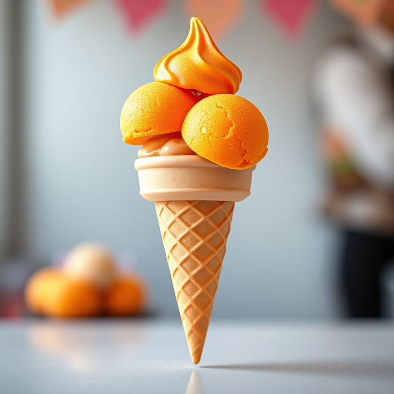 Create a high-resolution digital illustration of a stylized ice cream cone with vibrant orange scoops, using a soft focus effect, shot from a slightly elevated angle, using a DSLR camera with a 50mm lens, aperture set to f/2.8, ISO 100, and natural light for optimal color saturation and detail.