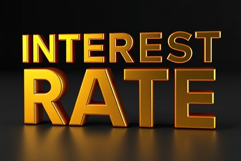 Create a 3D text graphic of the words INTEREST RATE in shiny gold with a slight drop shadow, using a Canon EOS 5D Mark IV camera, f/2.8 aperture, 50mm lens, capturing from a slightly elevated angle, with soft lighting for enhanced depth and texture.
