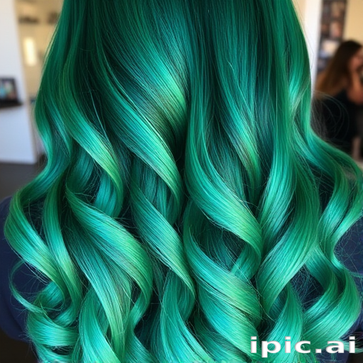 Emerald green mermaid waves expertly crafted by "Ocean's Crown" salon, showcasing long, luscious tresses with a seamless transition from deep forest green roots to vibrant seafoam tips, adorned with tiny, iridescent glitter accents that catch the light like shimmering scales.