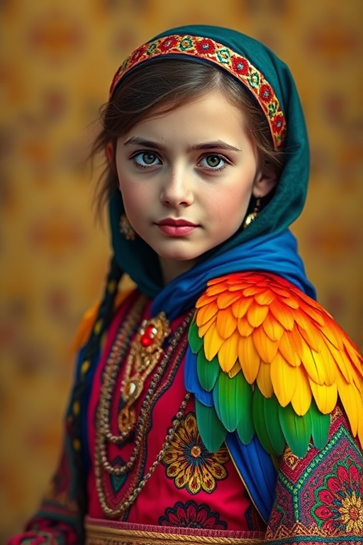 A beautiful Turkish girl, wearing colorful bird clothing with vibrant colors