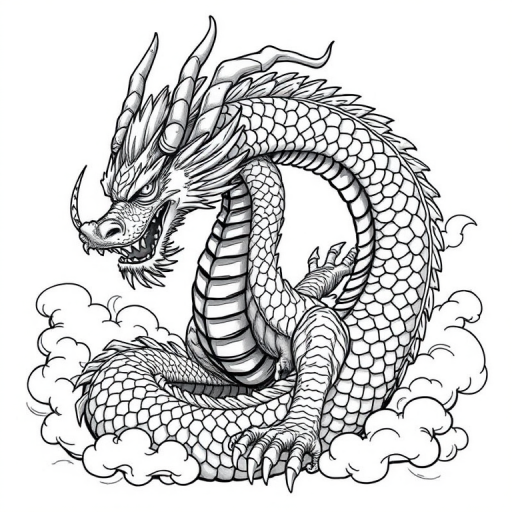 Regenerate a detailed illustration of a dragon in a dynamic, twisting pose with intricate scale patterns and flowing mane, featuring a fierce expression and surrounded by stylized clouds.