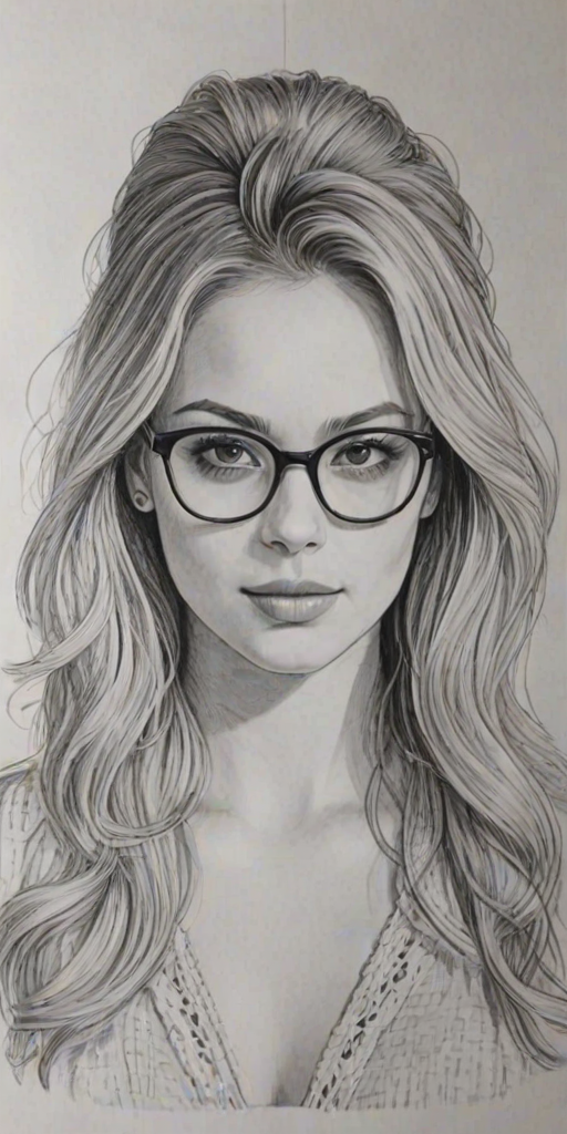 Fascinating Gage Golightly, pencil sketch, portrait of Enchanting woman 1968s in glasses, hair style beatnik, outline, clear lines, fine lines, 8k