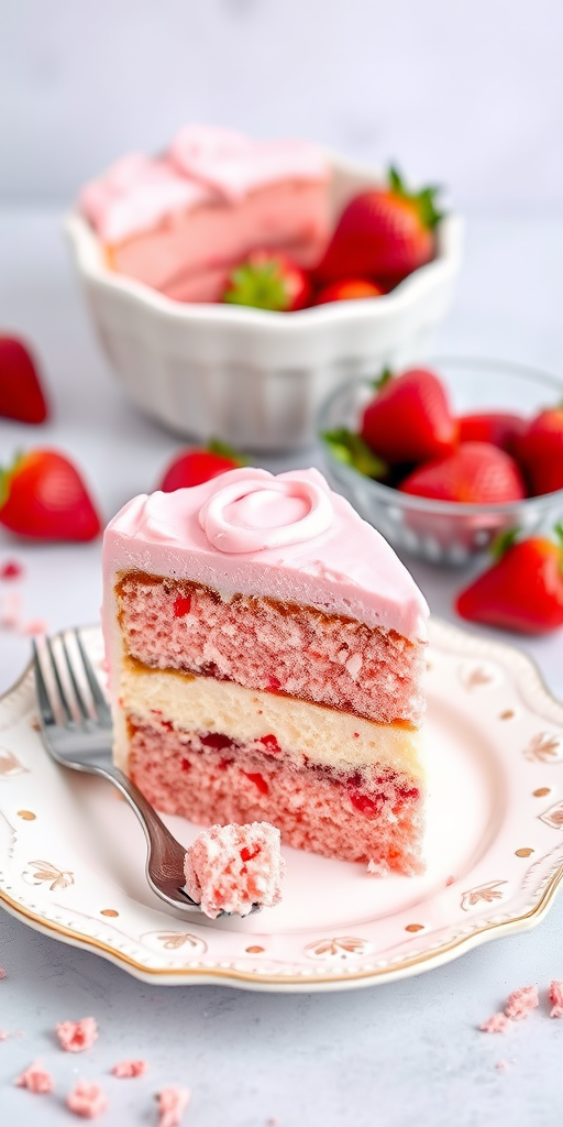 A slice of cake on a decorative white plate with a fork beside it the cake has pink and white layers and is topped with pink frosting a bowl of fresh strawberries is in the background along with some crushed cake crumbs scattered around