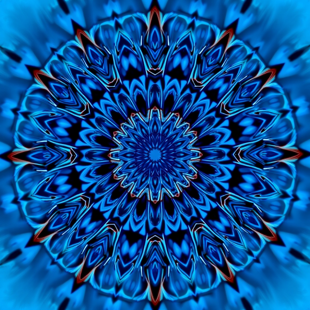 create an intricate blue mandala pattern with radial symmetry, camera settings: f/8, 1/125 sec, ISO 100, camera view: centered with symmetrical framing, camera style: high dynamic range, camera type: digital DSLR