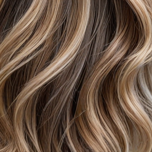 Close-up texture of soft, wavy hair showcasing a blend of various shades and colors including brown, blonde, and hints of grey.