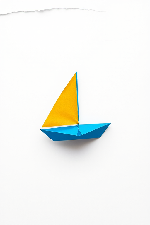 a minimalist art piece featuring a small paper sailboat in blue and yellow on a white background with torn edges, captured with a DSLR camera, 50mm lens, f/2.8 aperture, ISO 100, in natural lighting for enhanced detail and contrast, top-down view