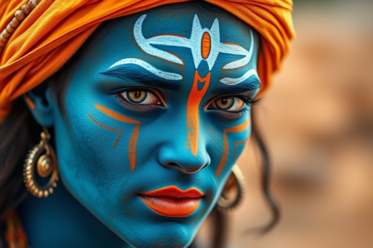 Create a hyper-realistic portrait of a character resembling a deity with blue and orange face paint, using a Canon EOS R5, ISO 100, f/1.8, 50mm lens, natural light, and a shallow depth of field for enhanced detail and vibrant color.