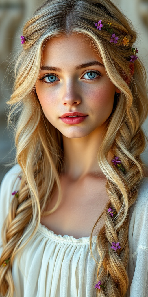 Create an image of a young Persian woman with long, wavy blonde hair, adorned with small, colorful flowers woven into her braids and loose strands. Her complexion is fair, with soft, glowing skin, and she has light blue eyes that gaze softly at the viewer. She wears a light, flowing dress with a gentle, ethereal quality, complementing her delicate and serene appearance. The background is slightly blurred, drawing focus to her tranquil expression and the intricate details of the flowers in her hair. The overall mood of the image is one of natural beauty and grace, evoking a sense of peacefulness and connection with nature.