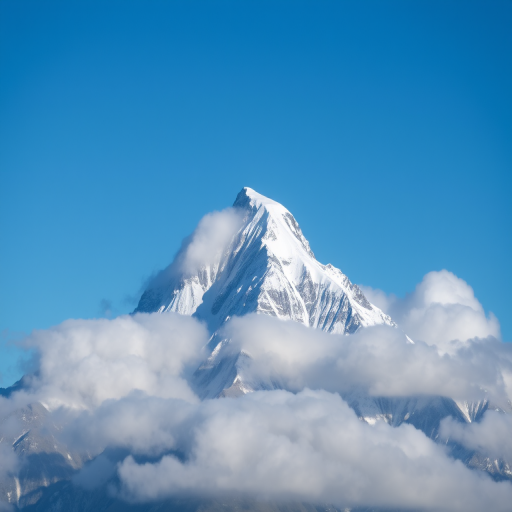 mountain peak covered in snow with clouds surrounding the summit under a bright blue sky