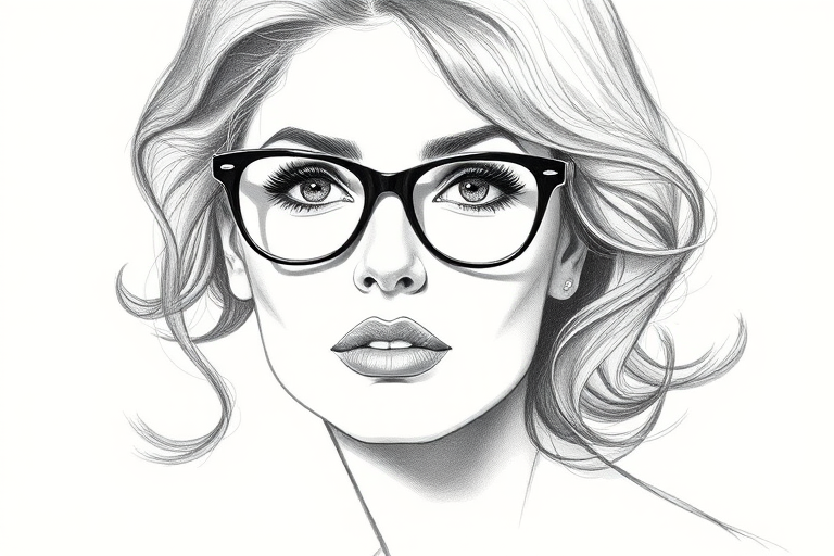 Beautiful Sophia Loren, pencil sketch, portrait of beautiful woman 60s in glasses, hair style beatnik, outline, clear lines, fine lines, 8k