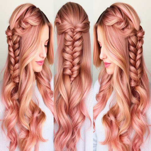 Romantic rose gold waves styled in the "Blush Cascade" half-up fishtail braid, long flowing layers with soft pink undertones, face-framing pieces gently curled, subtle copper highlights adding warmth, dreamy ethereal appearance