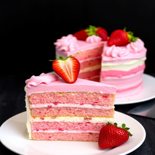 A beautifully layered cake with pink and white frosting, topped with fresh strawberries, served on a white plate against a dark background, with a slice cut to reveal its layers and a whole cake in the background.