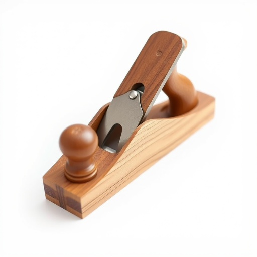 Create a highly detailed image of a wooden hand plane on a clean, white background using a DSLR camera with a 50mm lens, aperture set to f/2.8, ISO 100, and a shallow depth of field to enhance the focus on the plane while softly blurring the background, captured in natural light for optimal clarity and texture.