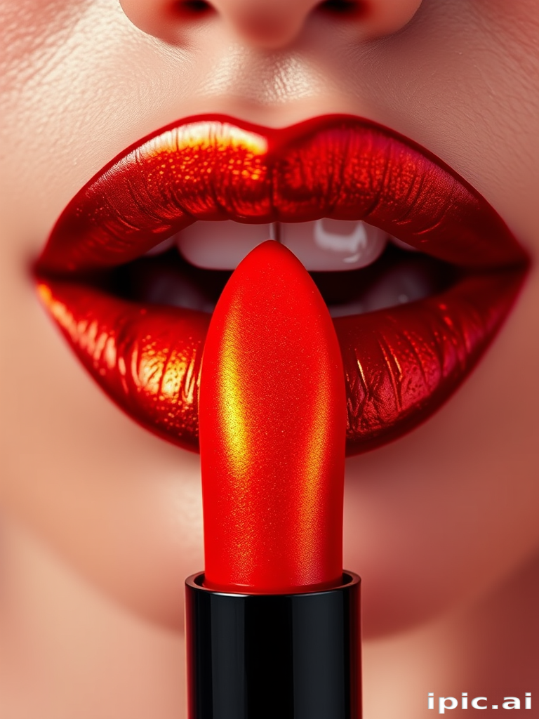 Fierce "Dragon's Breath" duochrome lip lacquer shifting between fiery red and molten gold, high-impact shine for bold and daring makeup looks