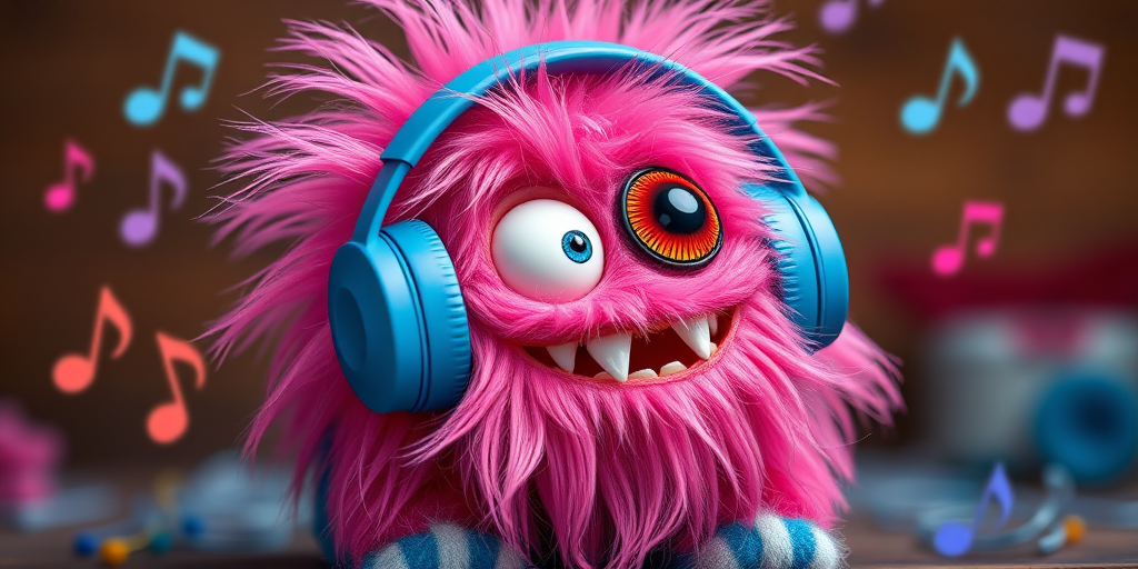 Create a colorful cartoon monster with fluffy pink fur and a large blue headphone, one eye prominently displayed, surrounded by musical notes, captured in high resolution with a DSLR camera at 50mm focal length, f/1.8 aperture, ISO 100, soft lighting, and vibrant colors.