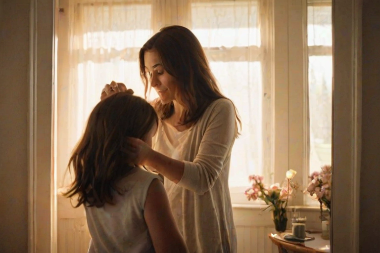 Warm, intimate image of a mother brushing her daughter's hair in front of a mirror, soft sunlight streaming through the window, distant birds chirping outside, and the feeling of closeness and care.