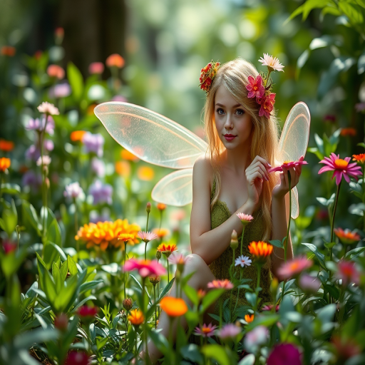 Create an ethereal forest nymph surrounded by vibrant flowers and lush greenery, captured with a DSLR camera at f/2.8 for shallow depth of field, ISO 100, and a 50mm lens to enhance detail and softness in the background, using natural light for a magical glow.