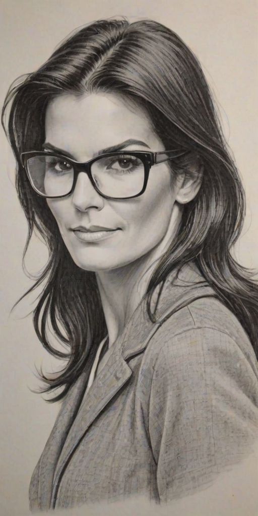 Attractive Angie Harmon, pencil sketch, portrait of Dazzling woman 1966s in glasses, hair style beatnik, outline, clear lines, fine lines, 8k