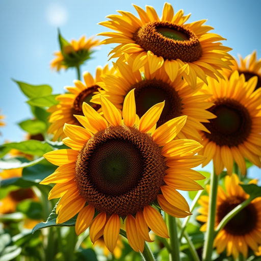 Capture a vibrant close-up of sunflowers in full bloom under bright daylight, using a Canon EOS 5D Mark IV with a 50mm f/1.8 lens, aperture set to f/2.8, ISO 100, shutter speed 1/400s, shoot from a low angle for a dramatic perspective, with a shallow depth of field to emphasize the flowers against a softly blurred background.