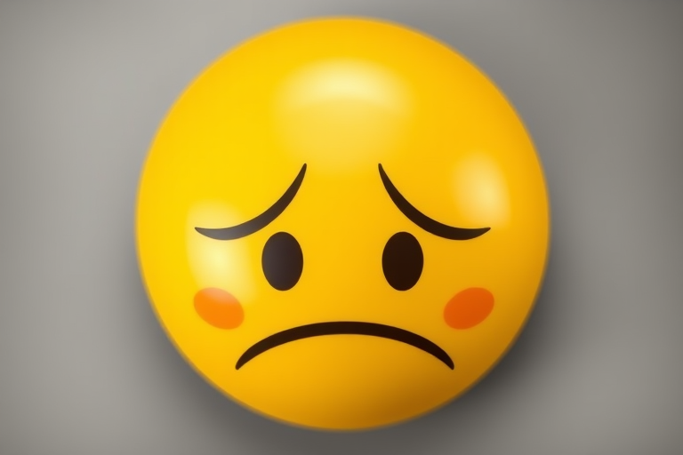 Generate a high-resolution image of a sad yellow emoji with a glossy finish, shot using a DSLR camera at f/2.8 aperture, ISO 100, 50mm lens, top-down view, with natural soft lighting for enhanced clarity and depth.