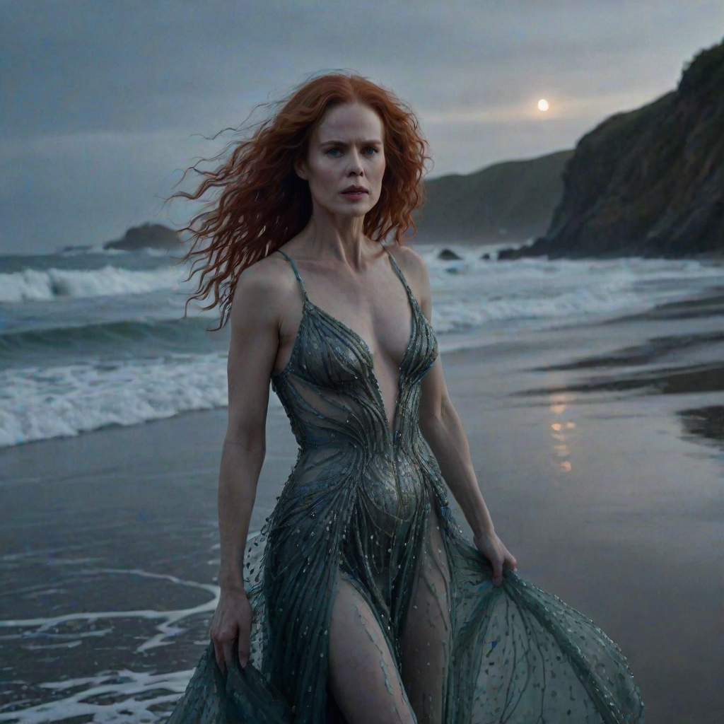Bewitching image of Nicole Kidman, Big Little Lies star, with her porcelain skin and cascading red curls, emerging from misty waves in a sheer, iridescent gown, on a moonlit beach dotted with bioluminescent algae