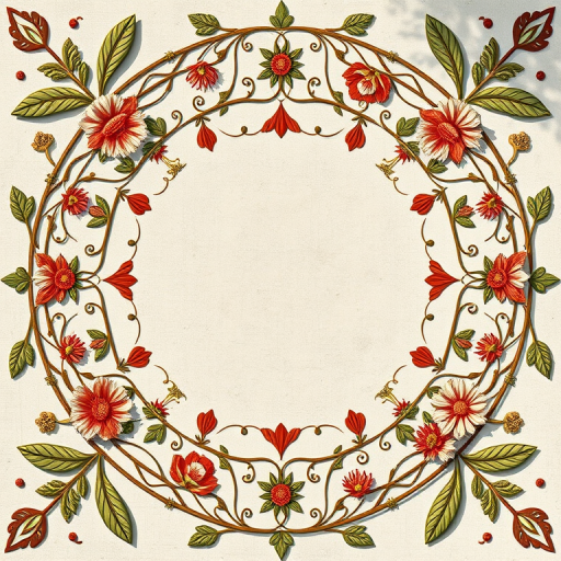 Create an intricate circular floral border design with detailed vine patterns and ornamental motifs, shot with a Canon EOS R5 at f/8, ISO 100, 50mm focal length, natural light, and from a top-down view for enhanced clarity and detail.