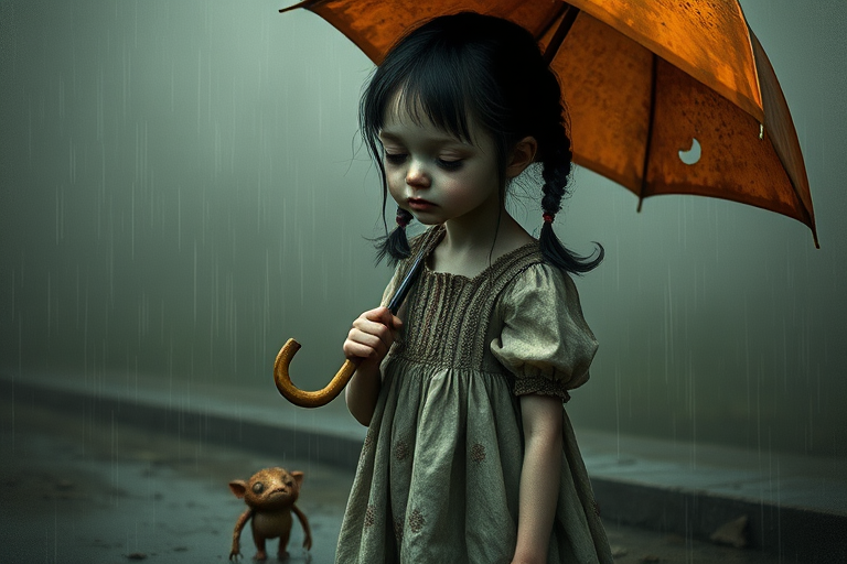 An eerie, weird little girl with dark hair in thin pigtails, wearing a smock dress, standing in the rain, holding a dirty orange umbrella, a small, odd creature beside her. In a surreal style inspired by Nicoletta Ceccoli and Brian Froud. Dark fantasy themes