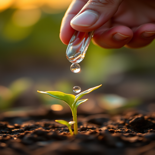 a close-up of a hand watering a small green plant emerging from the soil with droplets of water falling, soft focus background, golden hour lighting, DSLR camera, f/2.8 aperture, 50mm lens, 1/200 sec shutter speed, ISO 200