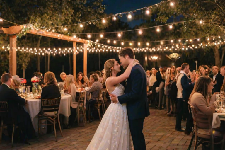Charming outdoor wedding venue, decorated with flowers and twinkling lights, guests mingling, and a couple sharing a dance under the stars.