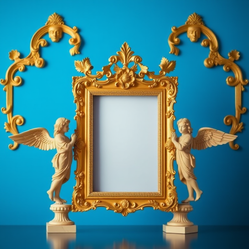 create a highly detailed image of an ornate golden frame featuring two angel statues on either side set against a vibrant blue background, use a DSLR camera with a 50mm lens, aperture f/1.8, ISO 100, and a shallow depth of field for enhanced clarity and depth.