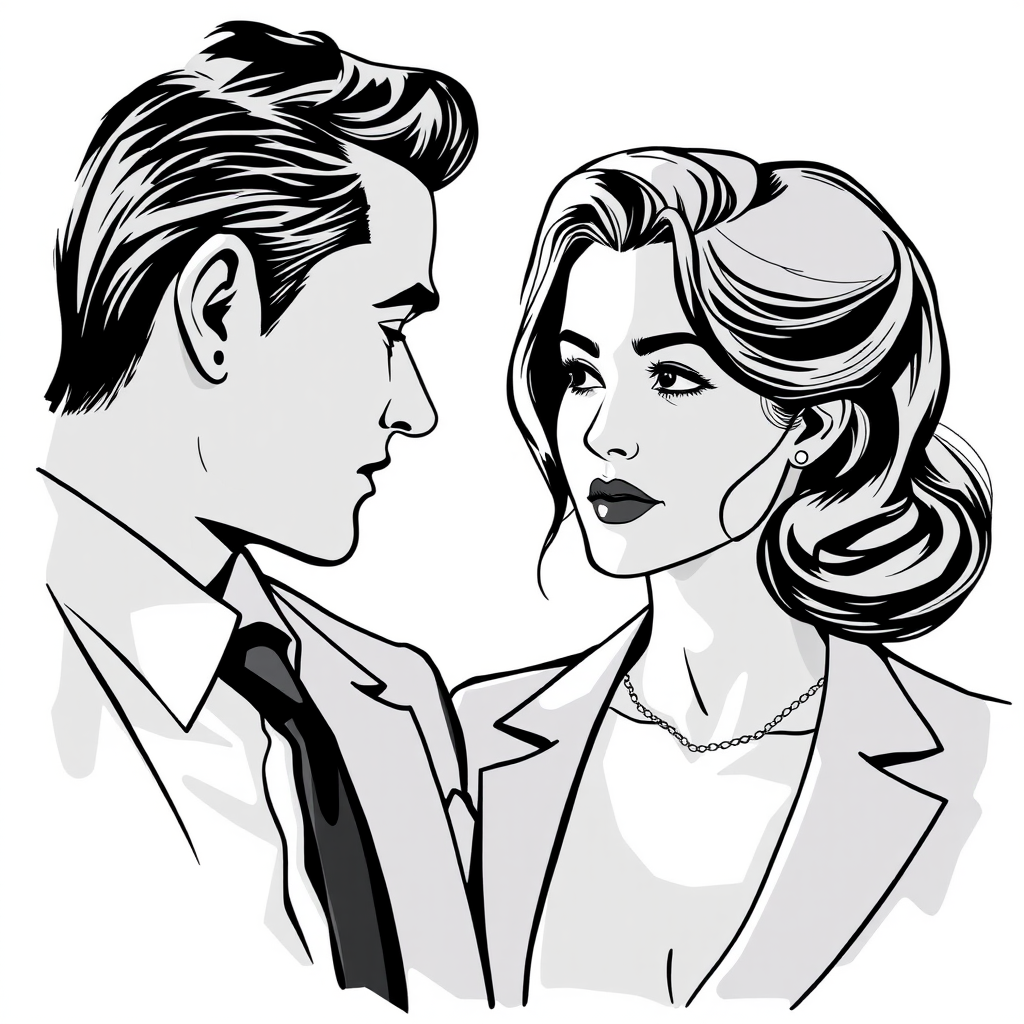 Generate a high-quality black and white illustration of a woman with a vintage hairstyle and a man in a suit, both in an intimate conversation, using a Canon EOS R5 camera with a 50mm f/1.2 lens, aperture set to f/2.8, ISO 100, shot from a medium close-up angle.