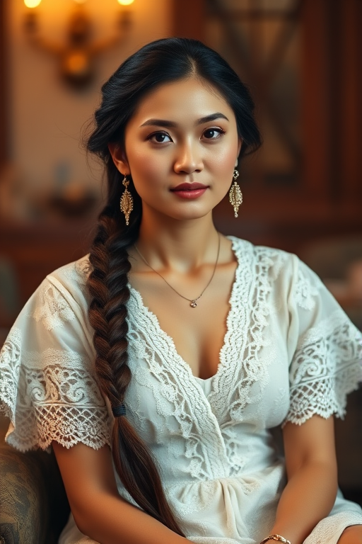 Create a portrait of a refined and elegant Tibetan woman seated in a sophisticated setting. She has long, wavy hair styled in two thick braids that are pulled over her shoulders. She wears a white, lace gown with intricate patterns, featuring a deep V-neckline and short sleeves. The dress exudes a vintage charm with its delicate lacework. She is adorned with ornate, dangling earrings that add a touch of glamour to her appearance. The background is softly lit, with warm, ambient lighting that creates a cozy and inviting atmosphere. Her expression is poised and serene, capturing a sense of grace and elegance.