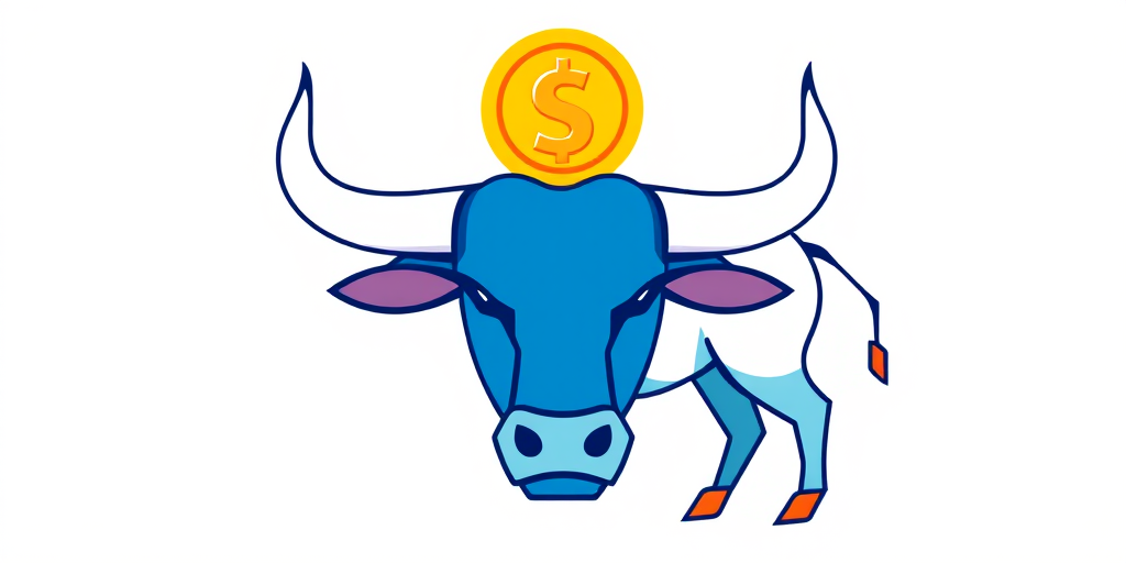 Create a minimalist illustration of a stylized bull with a golden coin above its head, vibrant colors, sharp outlines, taken with a DSLR camera at f/2.8, 50mm lens, in natural lighting, with a shallow depth of field.