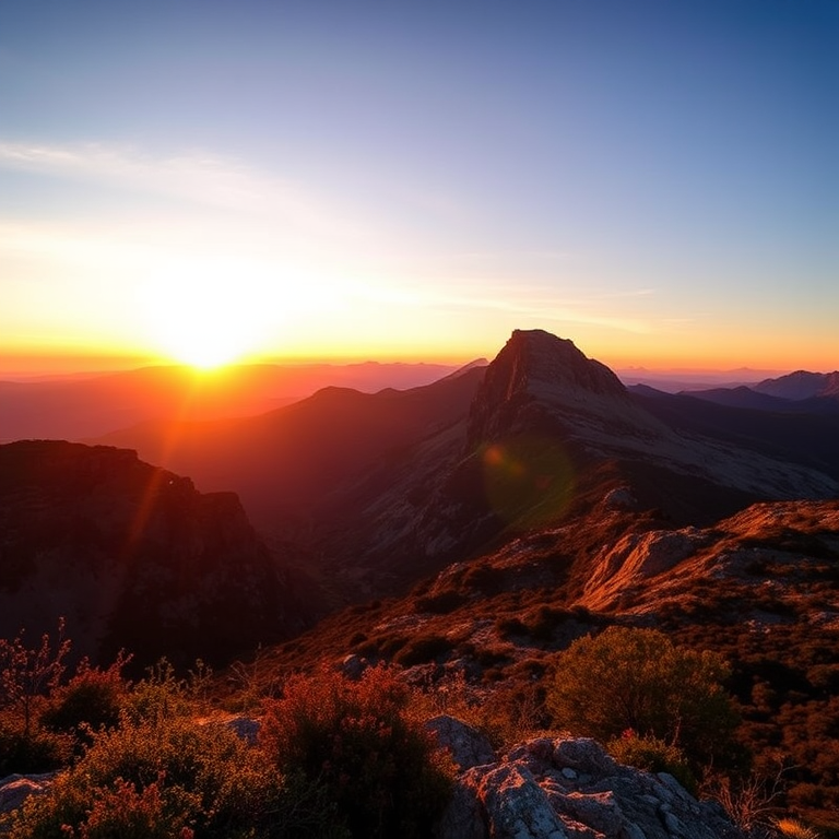 Generate an image of a serene mountain landscape during sunrise, using a Nikon D850 with a 24-70mm lens, aperture set to f/8, ISO 100, at a 35mm focal length, HDR photography style, capturing vibrant colors and details in both shadows and highlights.