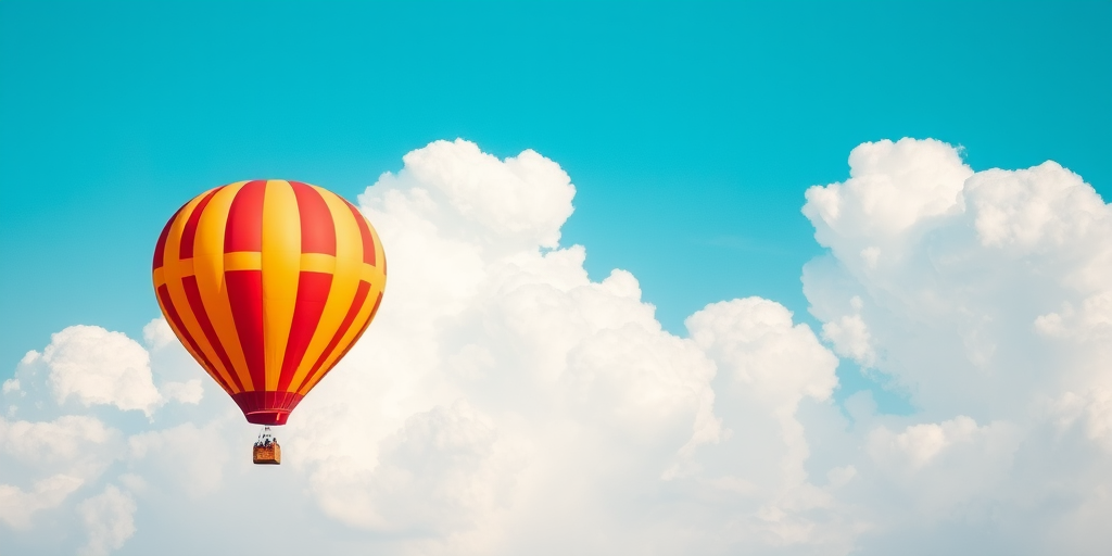 Generate a vibrant illustration of a hot air balloon with an orange and red striped pattern floating in a blue sky with fluffy white clouds, using a DSLR camera with a 50mm lens, aperture set to f/2.8, ISO 100, and a bright daylight setting for enhanced clarity and color saturation.