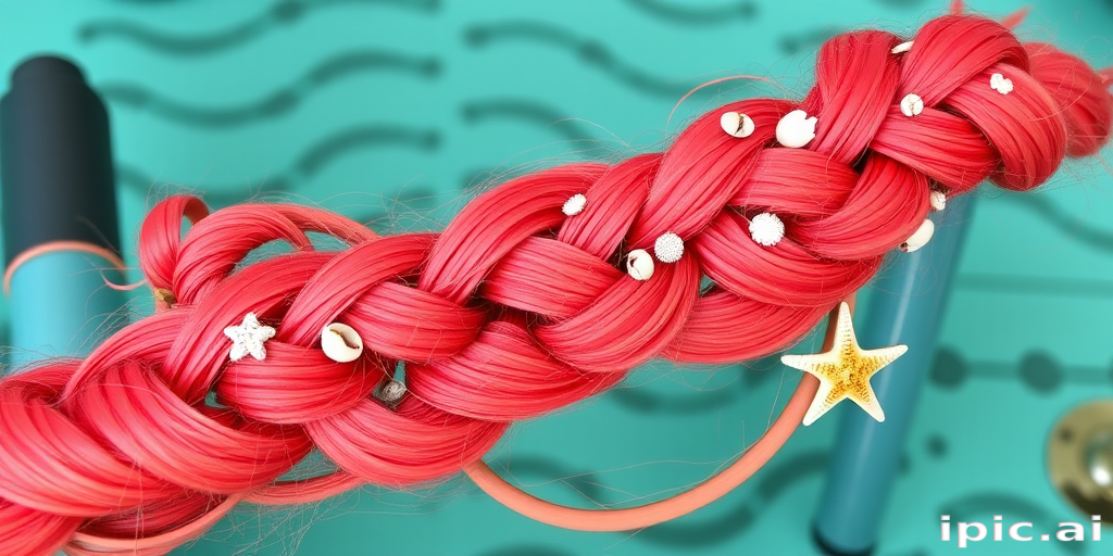 Vibrant coral mermaid braid, intricately woven by "Tropical Tresses" hair artists, featuring a thick, rope-like plait that incorporates smaller braids and twists, adorned with tiny seashells and starfish-shaped hair accessories,